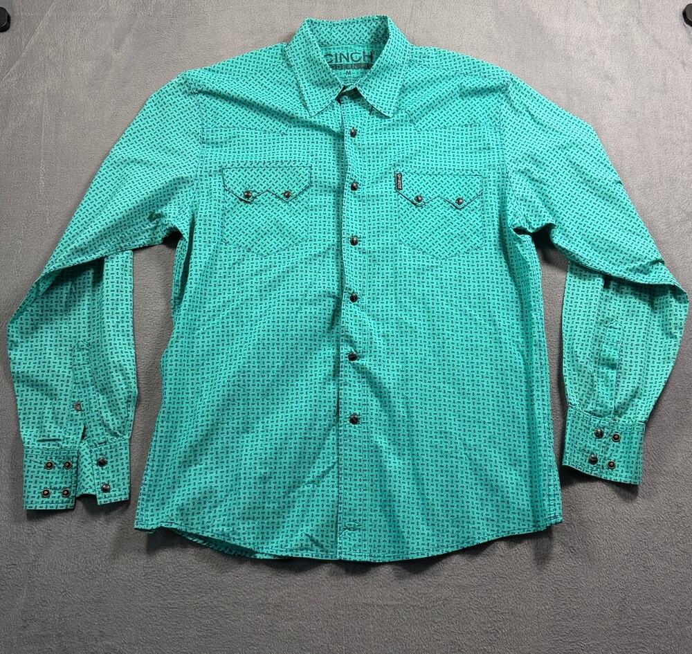 Cinch Mens Medium Green Geometric Pearl Snap Long Sleeve Western Cowboy Shirt M